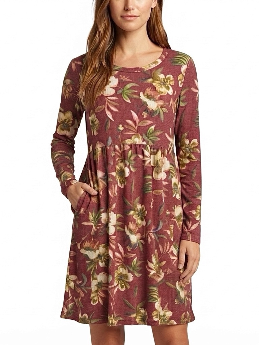 Watermelon Boutique  Floral Thermal Knit Long Sleeve Empire Waist Dress M Red